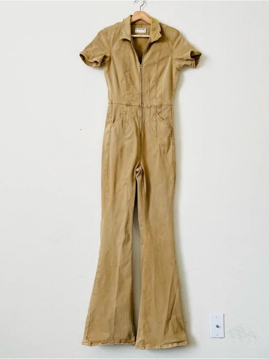 We The Free SMALL Hayde denim short sleeve flare jumpsuit in Pier 17 camel brown - Picture 3 of 8